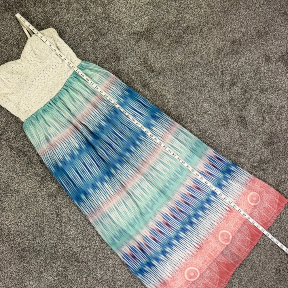 Lily Rose Crochet Lace Bodice Ikat Print Maxi Dress Blue Coral Pink Womens Large - Picture 6 of 8
